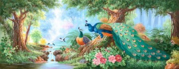 Peacocks in Blossom Forest Flowers Trees 0 941 birds Oil Paintings